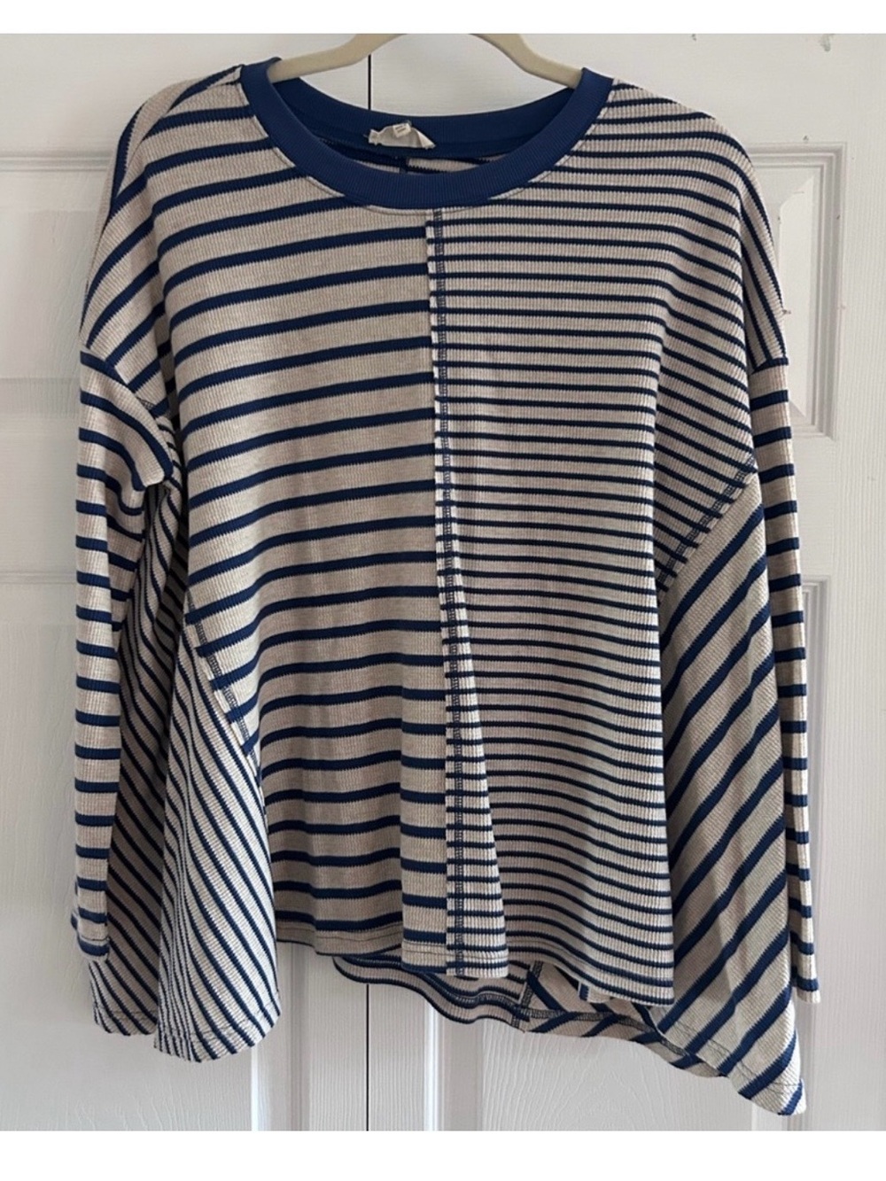 Easel Navy and White Mixed Patterned Striped Top